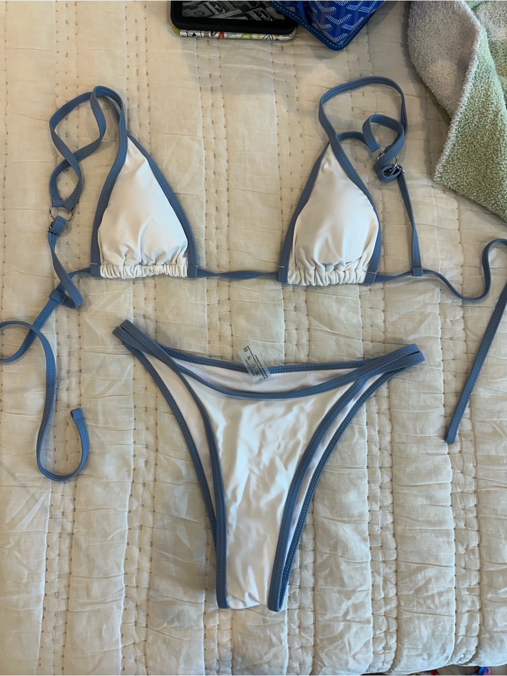 SHEIN White Triangle Bikini Set with Blue Trim